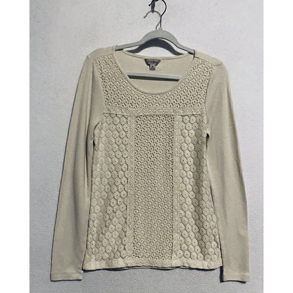 Lucky Brand Top Womens Medium Ivory Waffle Thermal Knit Crochet Lace Pullover